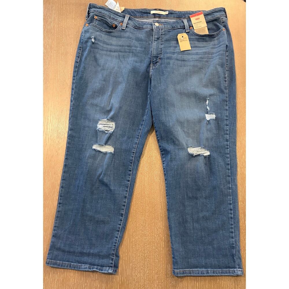 New 24W Levi Strauss Distressed Medium Wash 42x26 Boyfriend Mid Rise Jeans Blue